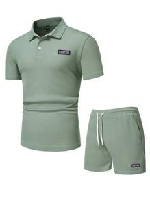 Manfinity Homme Hombres Camisa polo con parche de letra & Shorts de cintura con cordón - verde menta - Ver 5