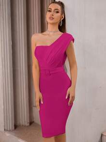 One Shoulder Belted Bodycon Dress - Hot Pink - View 5