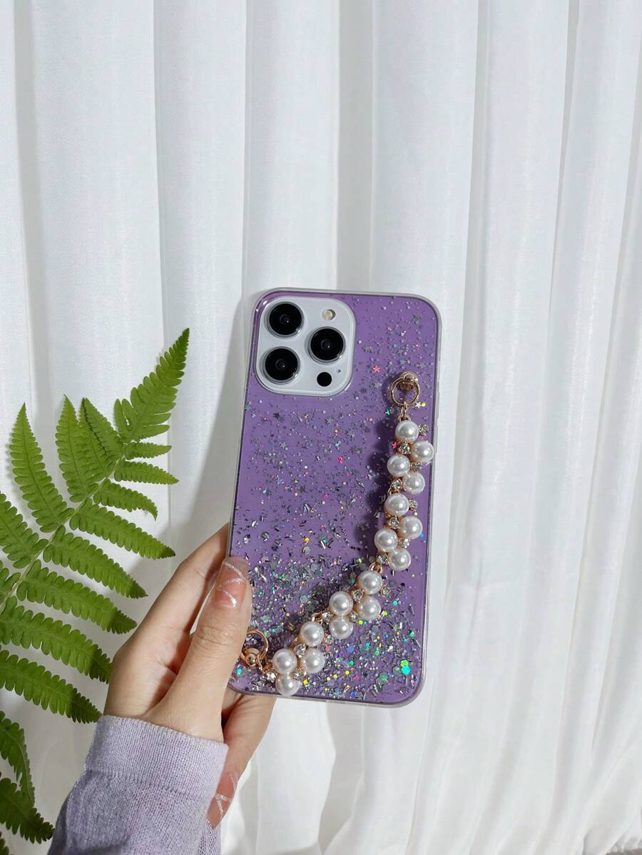 Sequin Decor Anti-fall Phone Case With Hand Strap - Purple - View 1