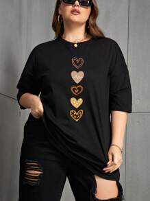 SHEIN EZwear Plus Heart Print Drop Shoulder Tee Graphic Tees Women Tops - Black - View 1