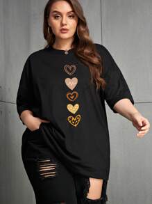 SHEIN EZwear Plus Heart Print Drop Shoulder Tee Graphic Tees Women Tops - Black - View 5