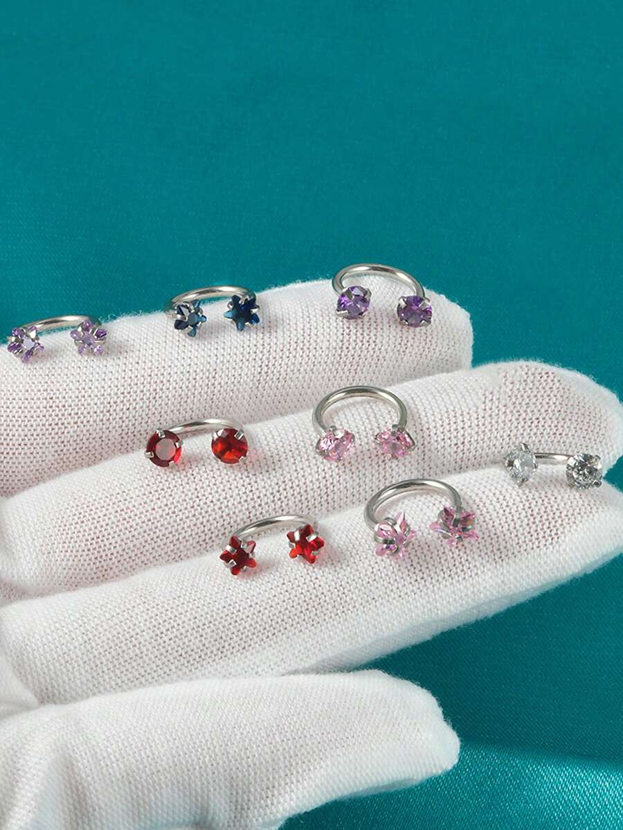 8入組/套時尚圓形星形和方晶鋯石裝飾不銹鋼C形馬蹄形1.2X8X3毫米耳釘套裝適合女士日常佩戴 - 彩色 - 查看 1