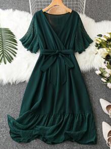 SHEIN LUNE Plus Swiss Dot Belted Ruffle Hem Dress - Green - View 1