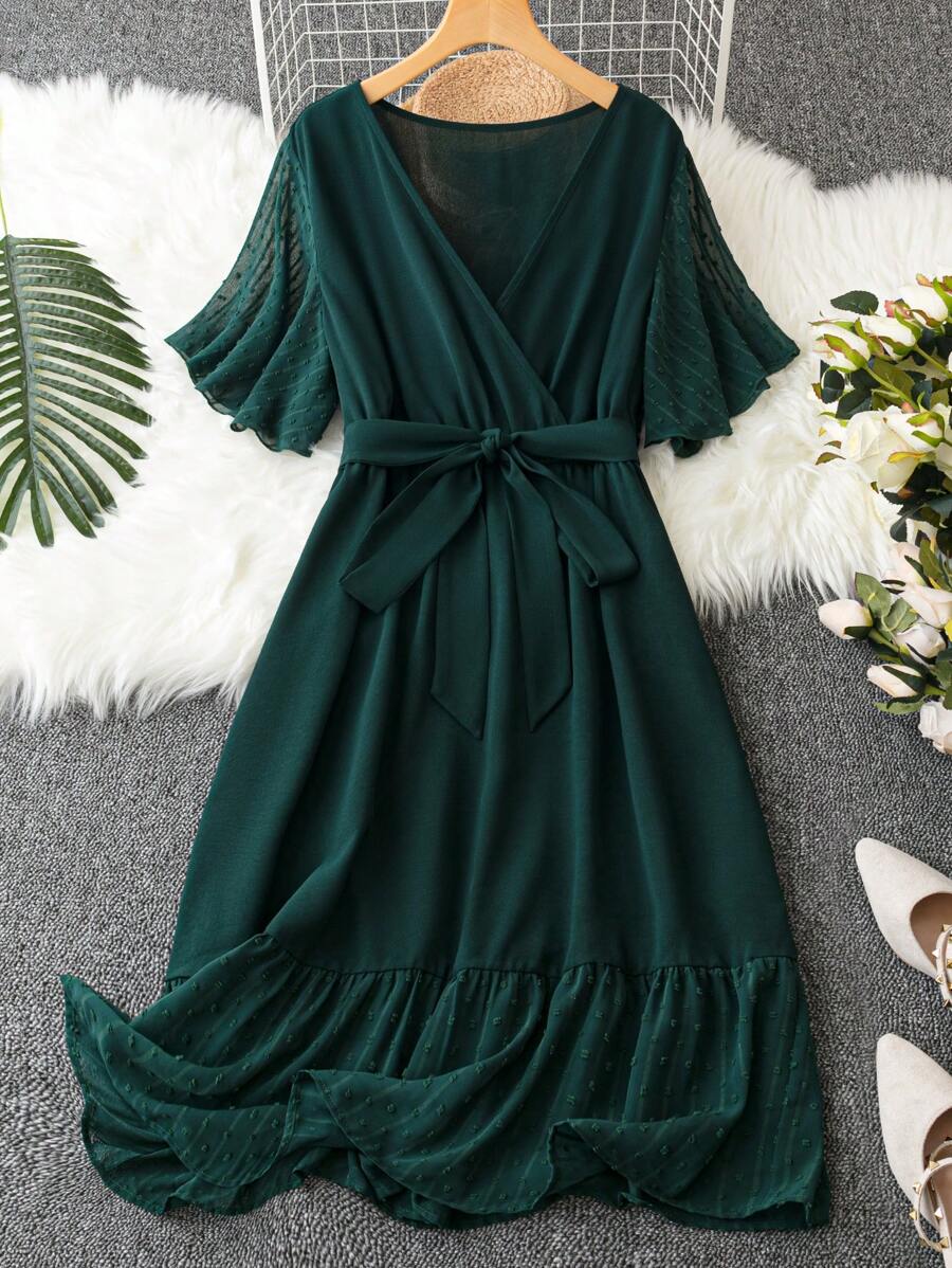 SHEIN LUNE Plus Swiss Dot Belted Ruffle Hem Dress - Green - View 1