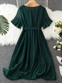 SHEIN LUNE Plus Swiss Dot Belted Ruffle Hem Dress - Green - View 2