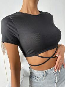 SHEIN Unity Áo thun nữ Hội Chữ thập Buộc lại màu trơn Giải trí - màu đen - Xem 6