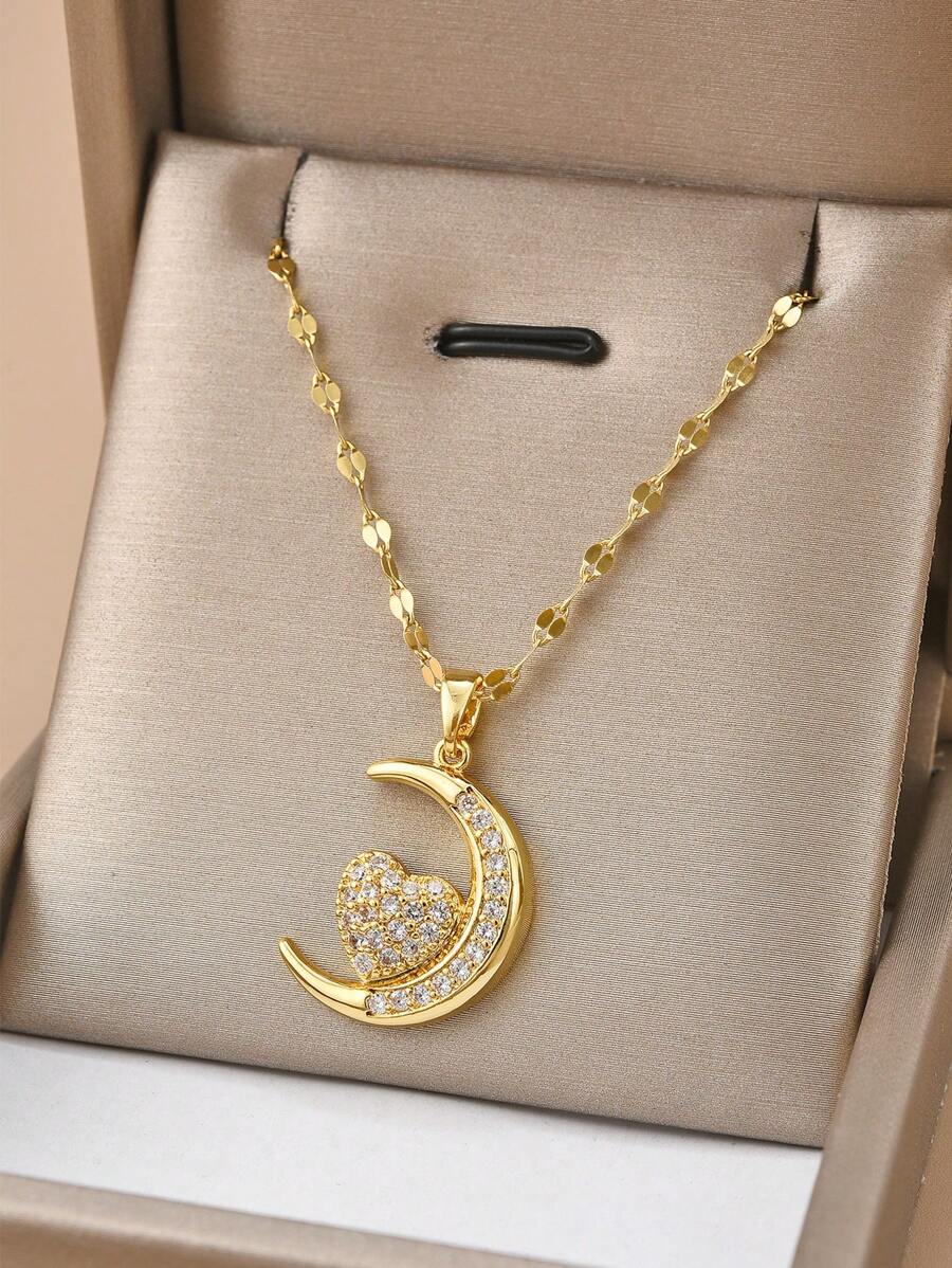 1 pieza Collar con colgante de luna de acero inoxidable con decoración de rhinestones, regalo elegante para mujeres - Dorado - Ver 1