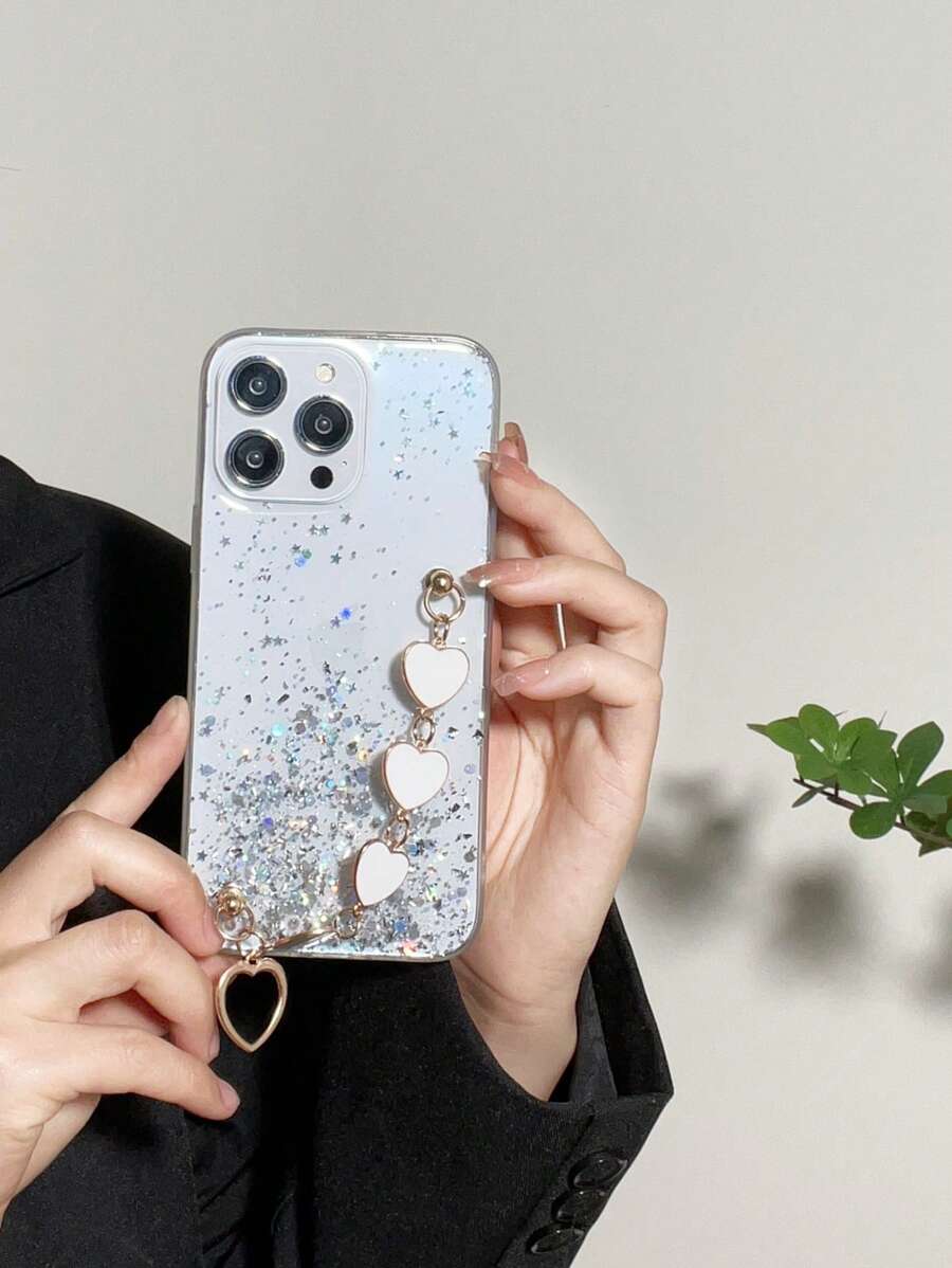 Sequin Decor Anti-Fall Phone Case With Hand Strap,International Version, Not The Domestic Version - White - View 1