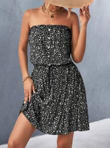 SHEIN VCAY Ditsy Floral Print Knot Front Ruffle Hem Tube Dress - Black - View 1