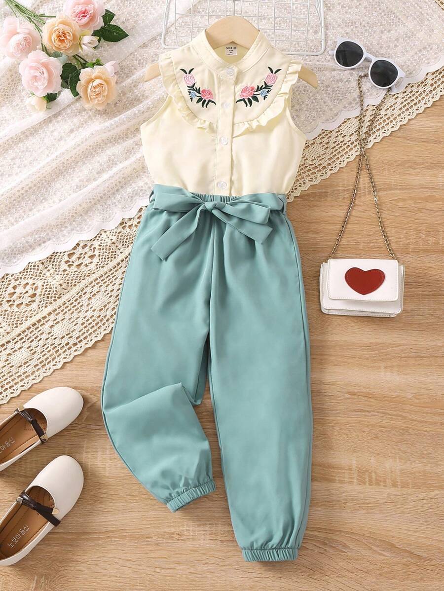 SHEIN Young Girl Floral Embroidery Ruffle Trim Blouse & Belted Pants