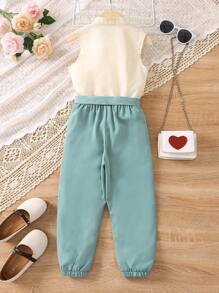 SHEIN Young Girl Floral Embroidery Ruffle Trim Blouse & Belted Pants