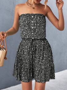 SHEIN VCAY Ditsy Floral Print Knot Front Ruffle Hem Tube Dress - Black - View 5