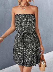 SHEIN VCAY Ditsy Floral Print Knot Front Ruffle Hem Tube Dress - Black - View 6