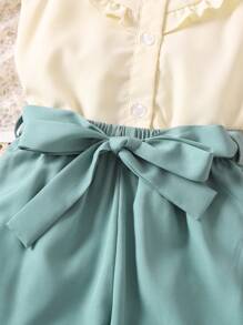 SHEIN Young Girl Floral Embroidery Ruffle Trim Blouse & Belted Pants