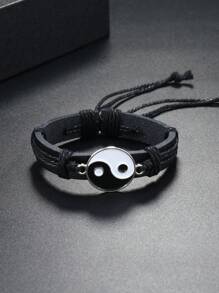 1 Nam Vintage Bện Âm Dương Charm Có Thể Điều Chỉnh Vòng Tay Dây PU - màu đen - Xem 3