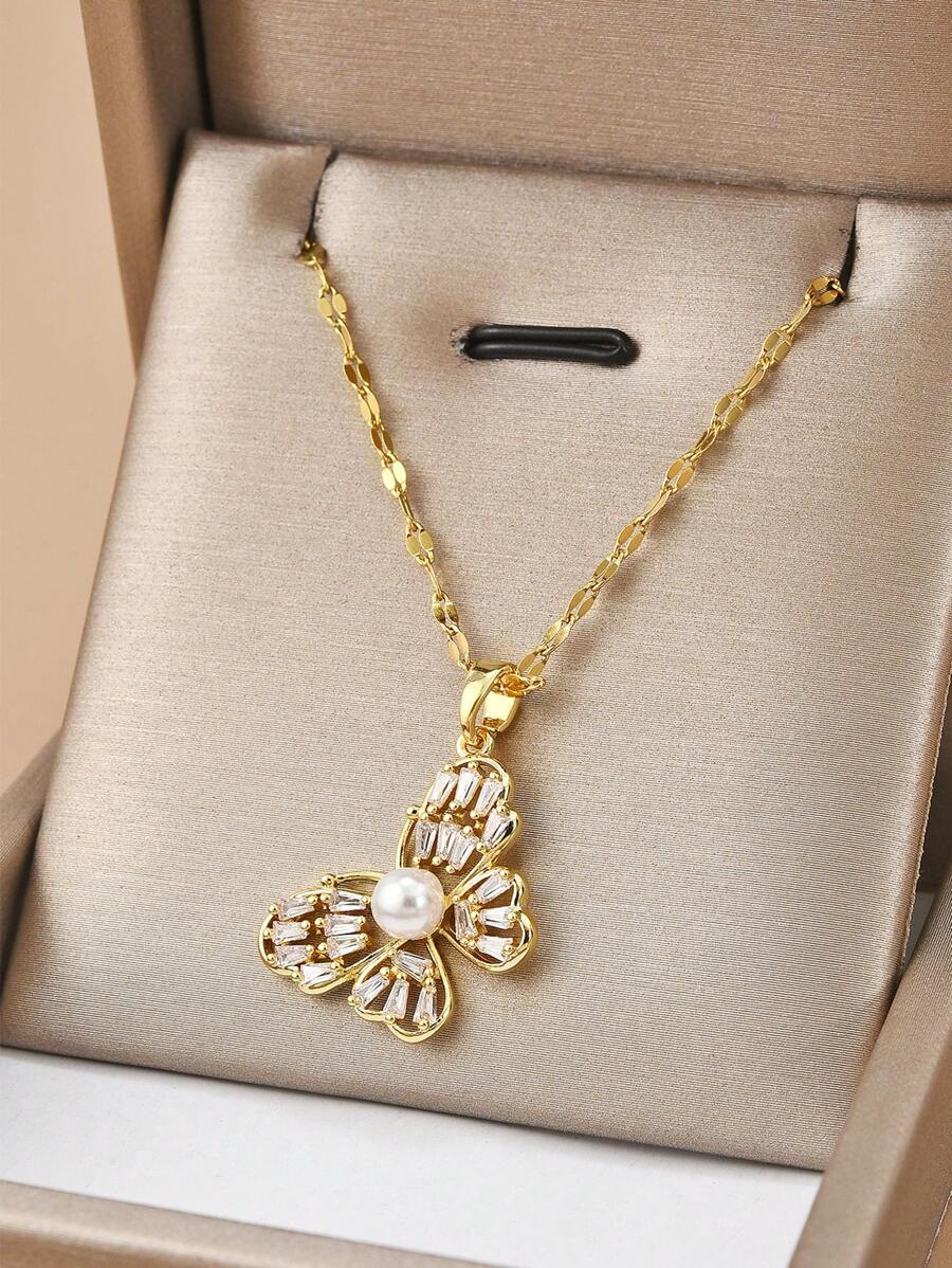 1入組不銹鋼蝴蝶吊墜項鍊帶方晶鋯石適用於優雅禮品適用於節日 - 金黃色 - 查看 1