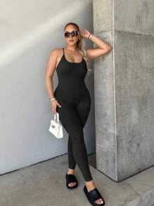 SHEIN SXY Bộ đồ liền thân liền thân hở lưng trơn Criss Cross Cami mùa hè - màu đen - Xem 2