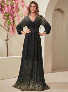 YISIKADO Geo Print Surplice Neck Belted Formal Dress - Black - View 1