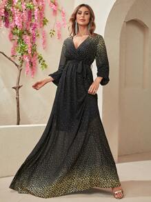 YISIKADO Geo Print Surplice Neck Belted Formal Dress - Black - View 3