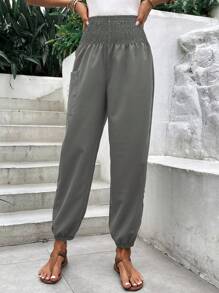 SHEIN LUNE Pantalones unicolor de talle alto con bolsillo lateral