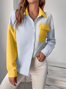 SHEIN LUNE Áo sơ mi nữ Túi Nút phía trước Khối Màu Giải trí - Nhiều màu - Xem 4