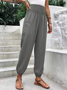 SHEIN LUNE Pantalones unicolor de talle alto con bolsillo lateral