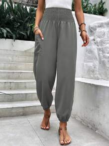 SHEIN LUNE Pantalones unicolor de talle alto con bolsillo lateral