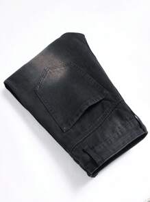 Men Cotton Star Patched Ripped Frayed Rag Stitching Jeans - Black - View 4