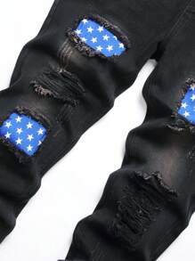 Men Cotton Star Patched Ripped Frayed Rag Stitching Jeans - Black - View 5