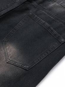 Men Cotton Star Patched Ripped Frayed Rag Stitching Jeans - Black - View 6