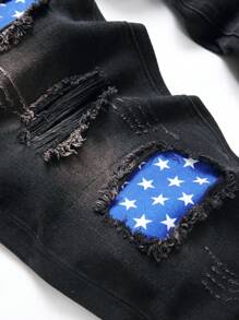 Men Cotton Star Patched Ripped Frayed Rag Stitching Jeans - Black - View 7