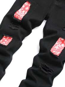 Men Paisley Patched Ripped Frayed Rag Stitching Jeans - Black - View 7