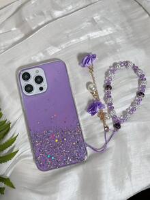 1 Pieza Funda Para Celular Con Correa De Mano De Diamante Incrustado En Degradado Y Diseño Brillante De Cielo Estrellado, Compatible Con Apple Y Samsung - Morado - Ver 2
