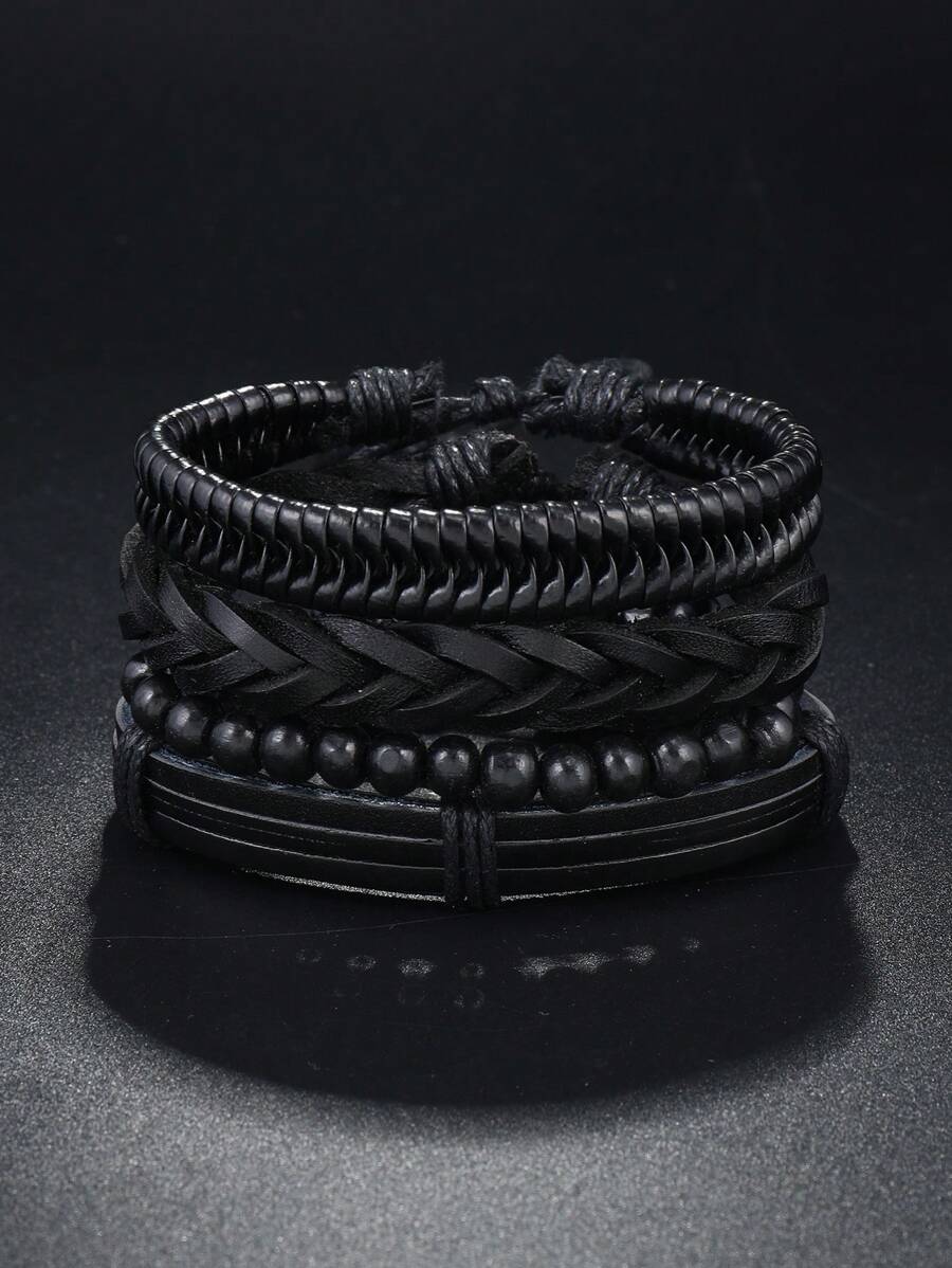 4pcs/set Simple Black Punk Style PU Braided Bracelet Set For Men - Black - View 1