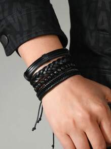 4pcs/set Simple Black Punk Style PU Braided Bracelet Set For Men - Black - View 2