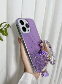 1 Pieza Funda Para Celular Con Correa De Mano De Diamante Incrustado En Degradado Y Diseño Brillante De Cielo Estrellado, Compatible Con Apple Y Samsung - Morado - Ver 4