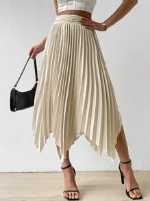 SHEIN LUNE Váy nữ Bất đối xứng Xếp li Dây kéo màu trơn Thanh lịch - Màu be - Xem 4