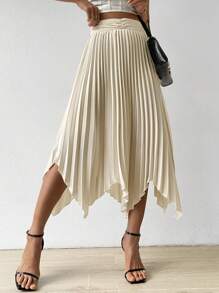SHEIN LUNE Váy nữ Bất đối xứng Xếp li Dây kéo màu trơn Thanh lịch - Màu be - Xem 6
