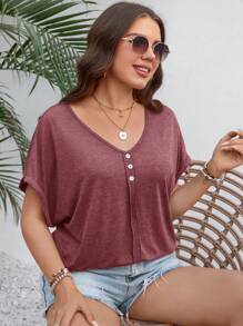 SHEIN LUNE 大碼蝙蝠袖T恤 - 紅木色 - 查看 3