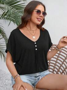 SHEIN LUNE Plus Button Detail Batwing Sleeve Tee - Black - View 6