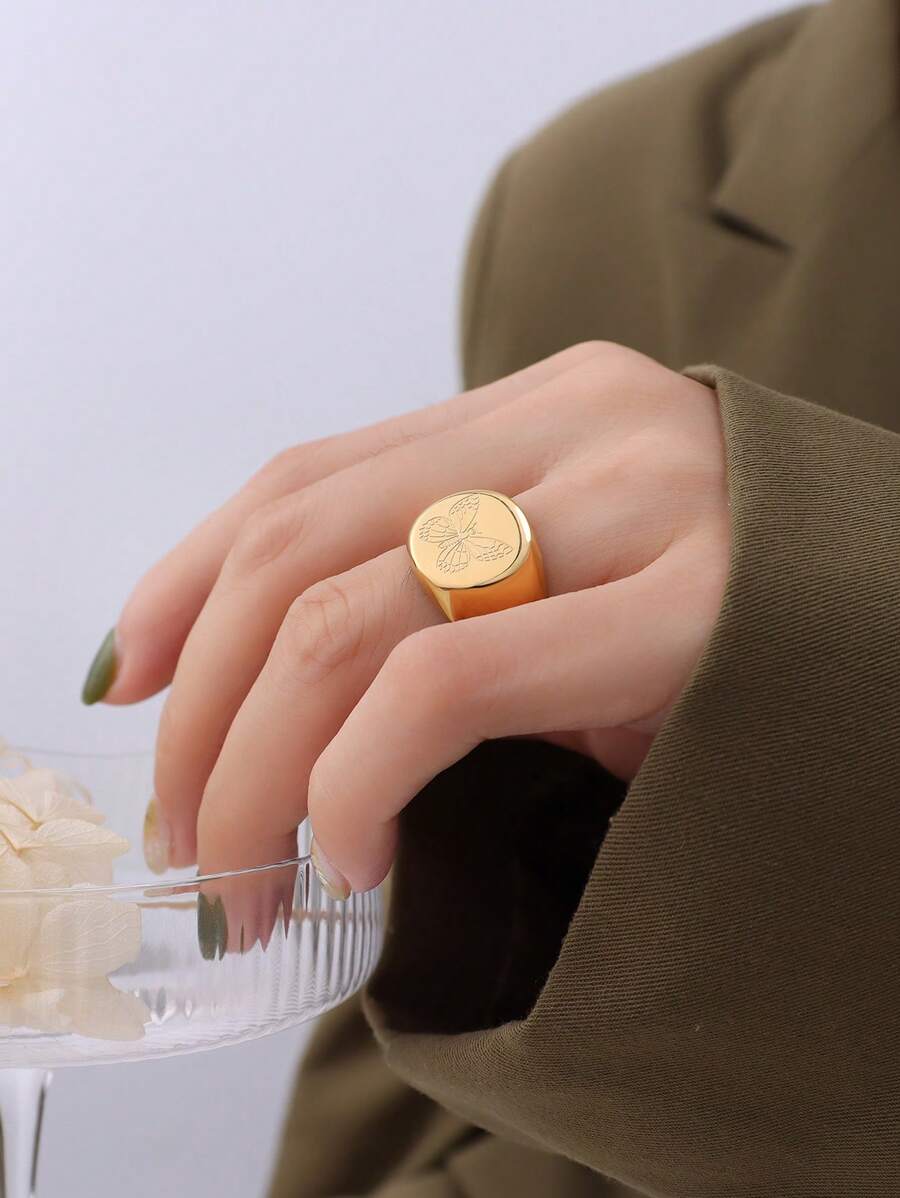 1入組歐式和美式極簡復古浪漫蝴蝶設計不銹鋼戒指 - 金黃色 - 查看 1