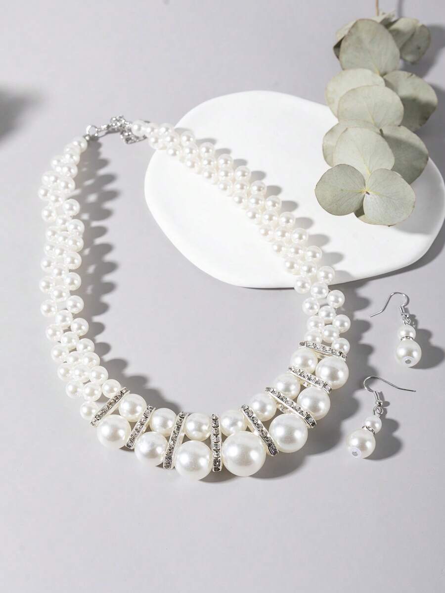 3入組/套女士多層珍珠項鍊和葫蘆吊墜耳環套裝 - 彩色 - 查看 1
