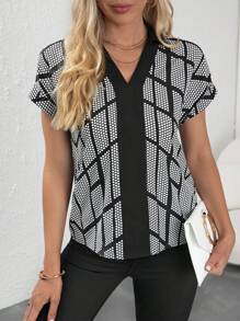 SHEIN Clasi Polka Dot Print Batwing Sleeve Blouse - Black and White - View 4