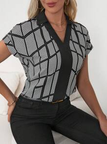 SHEIN Clasi Polka Dot Print Batwing Sleeve Blouse - Black and White - View 5