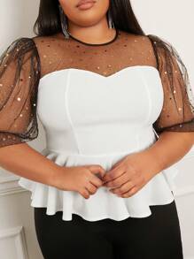 SHEIN SXY Plus Contrast Mesh Puff Sleeve Peplum Top - Black and White - View 5