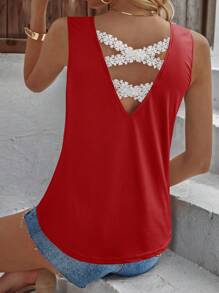 SHEIN LUNE 拼接水溶蕾絲背心上衣 - 紅色 - 查看 3