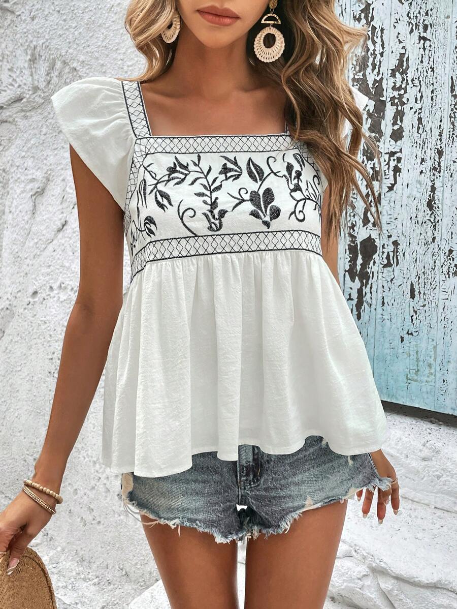 SHEIN VCAY 植物刺繡後綁帶荷葉邊下擺襯衫