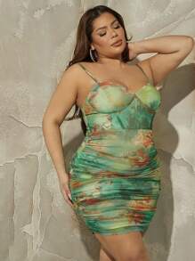 SHEIN SXY Plus Angel Print Ruched Mesh Bodycon Dress - Multicolor - View 5