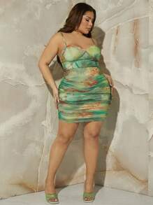 SHEIN SXY Plus Angel Print Ruched Mesh Bodycon Dress - Multicolor - View 7