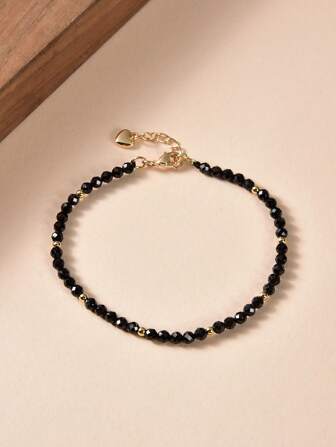 1pc Natural Black Onyx Round Bead Women's Bracelet, 18K Gold Plated